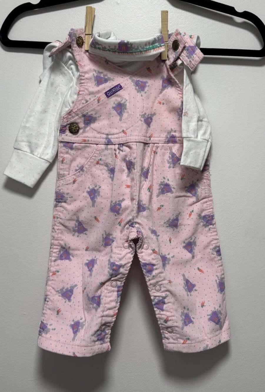 Vintage Oshkosh Pink Baby Girl Bunny Overalls & Long Sleeve Bunny Bodysuit 3-6M